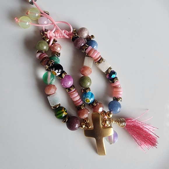 Vibrant Gold Cross Bracelet with Multicolor Beads - Picture 3 of 7